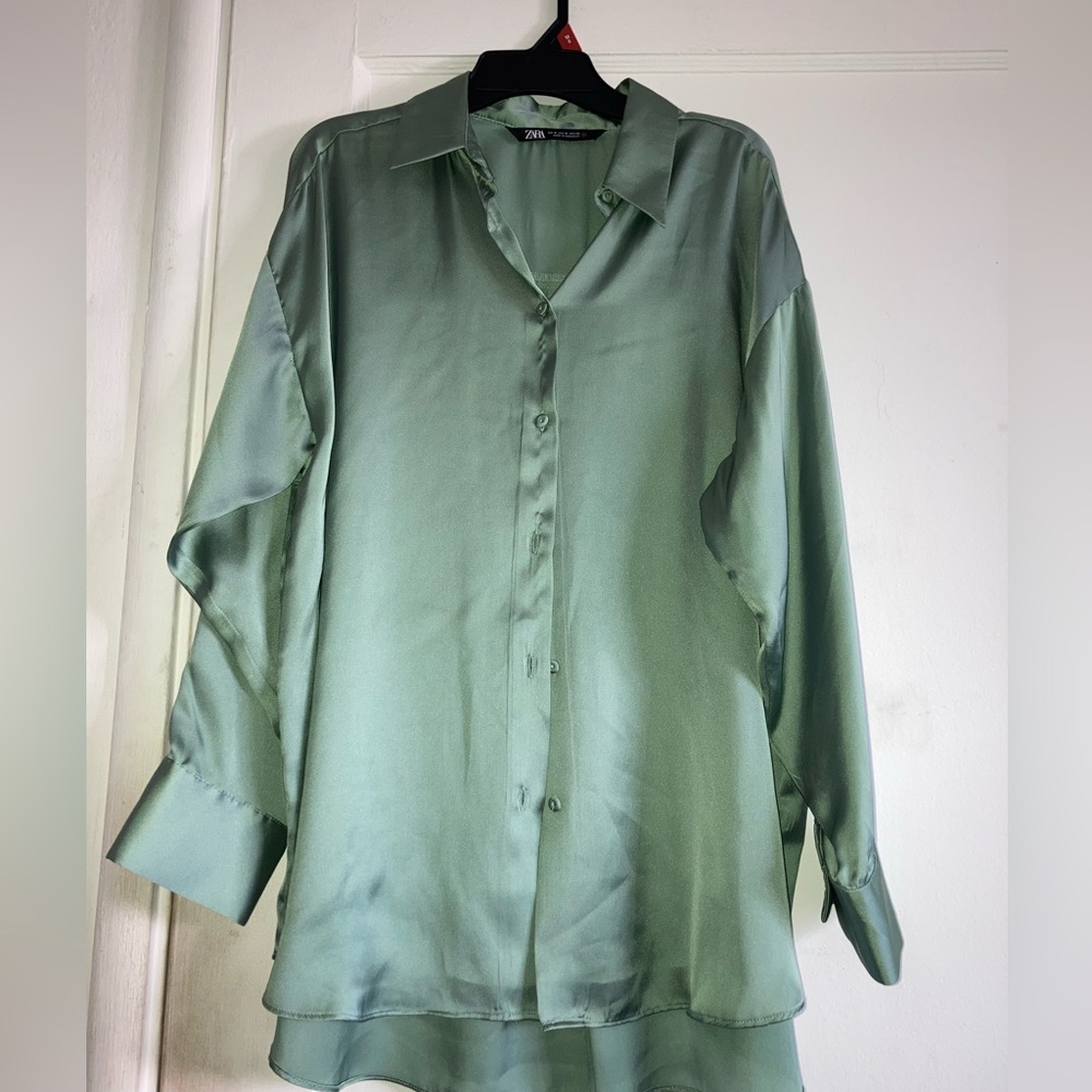 Zara Shimmering Green Satin Blouse